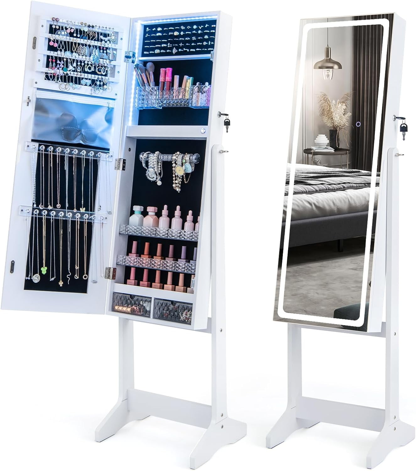 Standing Jewelry with LED Lights, Lockable Jewelry Armoire with