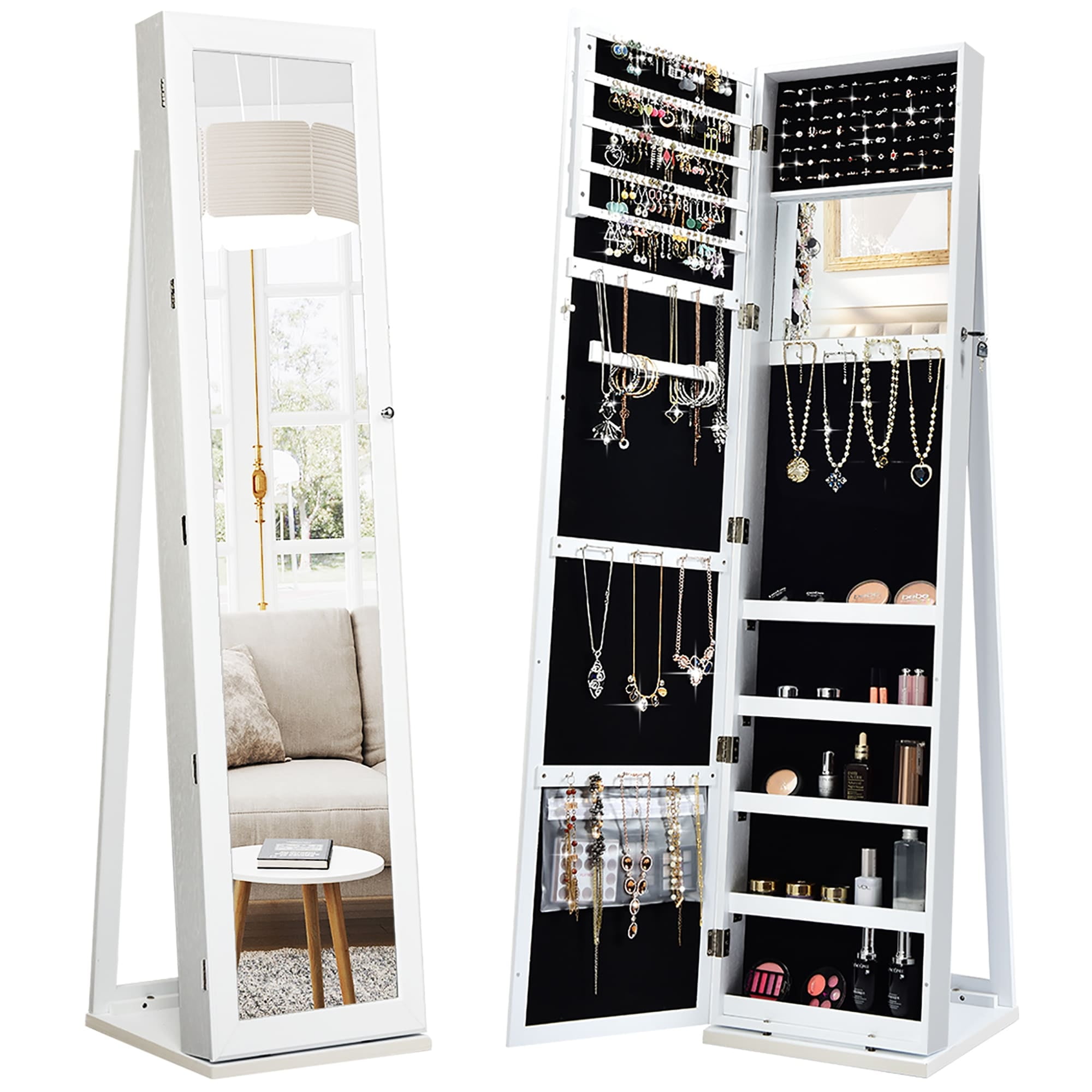 White MDF Standing Jewelry Cabinet with Full-Length Mirror
