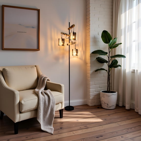 70" Boho 3-Light Rattan Floor Lamp,Tall Pole Standing Tree Floor Lamps