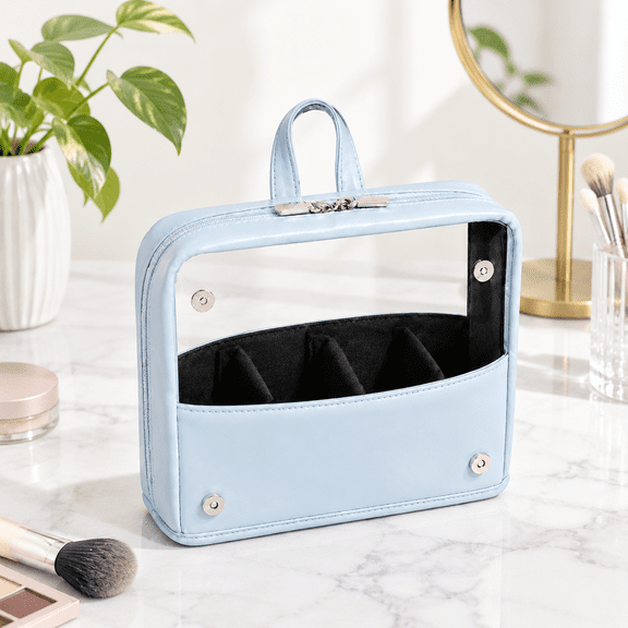 Standing Light Blue Portable Travel Makeup Brush Bag Large Capacity Foldable Holder