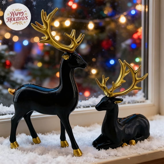 Standing & Lying Reindeer Figurine Set, Indoor Outdoor Christmas Xmas Decorations, Elk Tabletop Decor for New Year Mantel Window Home Party Decor