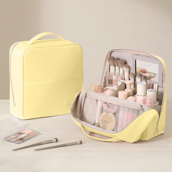 Standing Makeup Bag, Large Capacity Travel Cosmetic Organizer with Divided Compartments, Handheld Storage Case for Brushes Toiletries Beauty Essentials, Vanity Countertop and Trip Use, Yellow