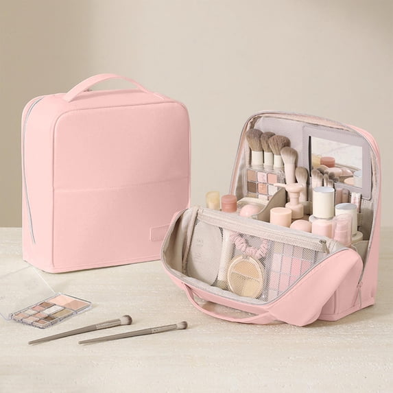 Standing Makeup Bag, Large Capacity Travel Cosmetic Organizer with Divided Compartments, Handheld Storage Case for Brushes Toiletries Beauty Essentials, Vanity Countertop and Trip Use, Pink