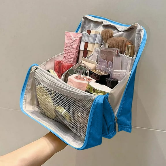 Standing Makeup Bag,Stand Up Makeup Bag,Standing Cosmetic Bag Organizer,Large Travel Makeup Bag with Multiple Compartments for Beauty Supplies Storage(Blue 9*9*3in)from QiwagFerng