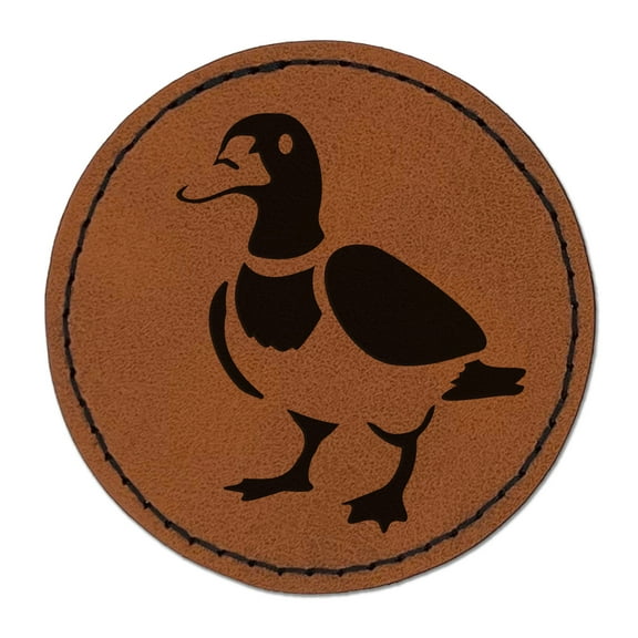 Standing Mallard Duck 2.5" Faux Leather Round Engraved Iron-On Patch - Brown