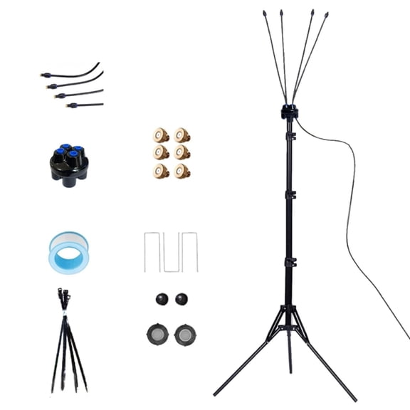Standing Misting Stand Patio Cooling Gear, Adjustable Tripod Setup with 4 Flexible Hoses, Brass Nozzles, Garden Watering