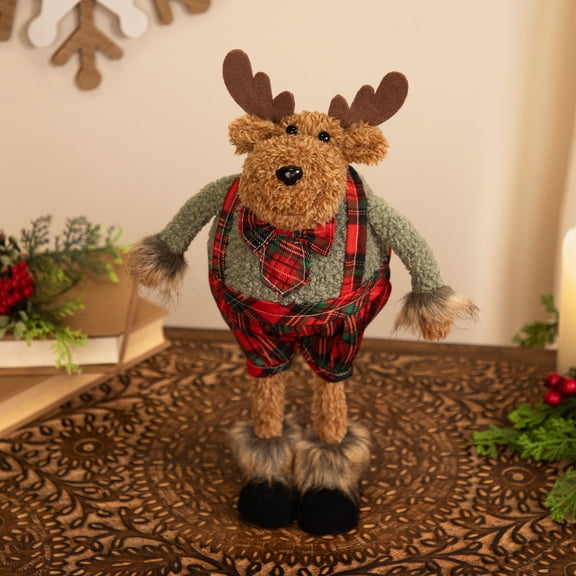 Standing Moose in Plaid Overall Shorts Christmas Figure - 12.5" - Brown and Red