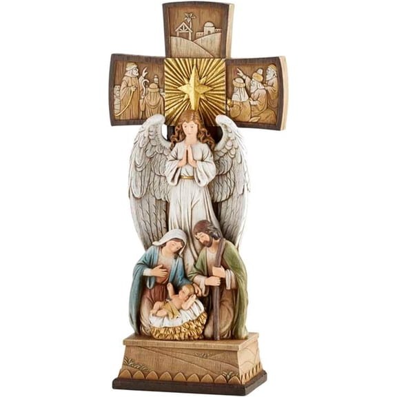 Avalon Gallery Nativity Cross Centerpiece Figurine with Joseph Mary and Jesus 14 Inch