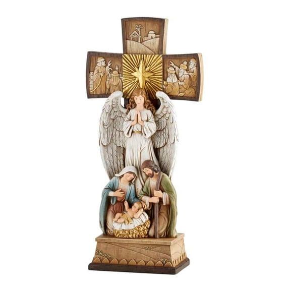 Christian Brands Joseph Mary with Jesus and Angel Standing Cross Centerpiece Figurine, 14-Inch, Nativity Cross
