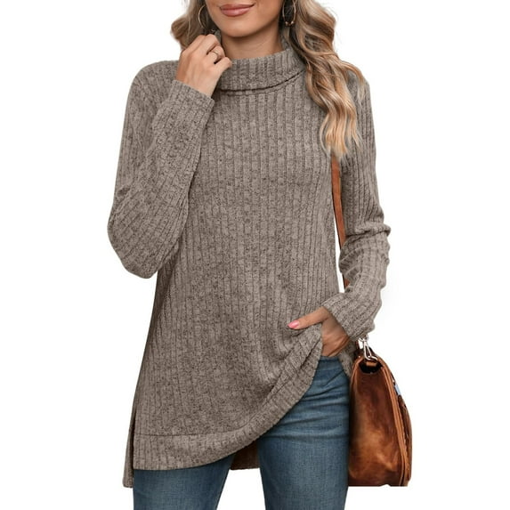 Standing Neck Sweater for Women Neck Tops Side Split Tunic Sweaters Lightweight Fashion Fit Coffee XL