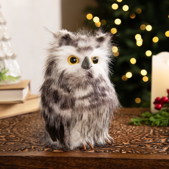 Standing Owl Christmas Figure - 7" - Ash Gray and White