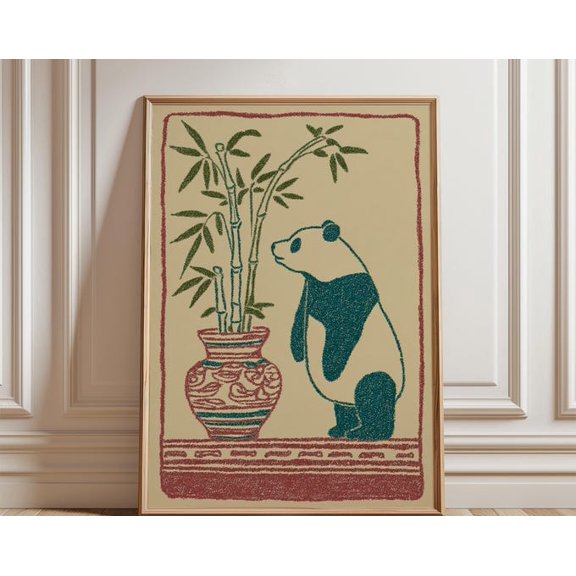 Standing Panda Bamboo Vase Folk Woodcut Style Teal Red Wall Art, Unframed Paper Poster 8x10in