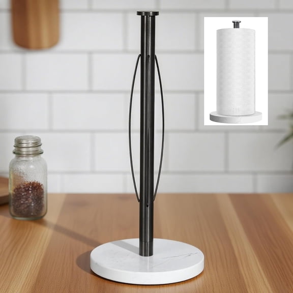 Stainless Steel Paper Towel Holder with Marble Base, Countertop One-Hand Tear Dispenser, Anti-Slip Kitchen Desktop Roll Rack