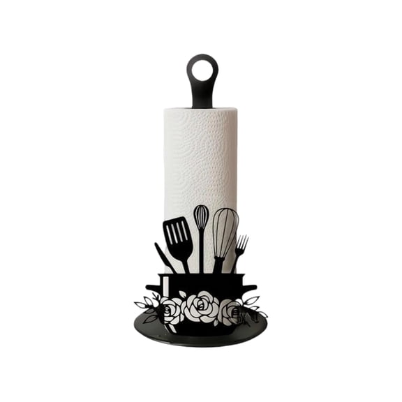 Standing Paper Towel Holder, Decorative Paper Towel Holder, Rustic Kitchen Decor, Flower Decorations, 5 in Base, 1 Pc, Black Paper Towel Holder, Kitchen Storage Organization,