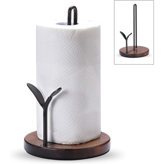 Standing Paper Towel Holder, Kitchen Paper Hanger Rack, Simply Tear Wooden Paper Towel Organizer Roll Dispenser for Cabinet Countertop Dining Room Table, Black