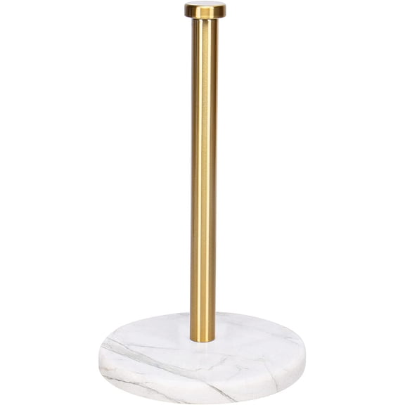 Standing Paper Towel Holder, Kitchen Paper Towel Tissue Holder- for Bathroom Kitchen Countertop, Standard or Jumbo-Sized Roll Paper (with Marble Base, Brushed Gold)