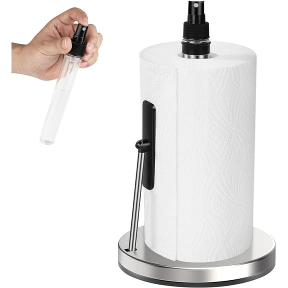 Standing Paper Towel Holder with Spray Bottle, Weighted Base with Suction Cups, Paper Towel Stand with Spring-Loaded Arm for Kitchen, Countertop, Stainless Steel Brushed Nickel Finish