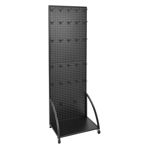 Standing Pegboard Display with Base Plate, 23.7 x 66 in Pegboard Display Stand with Casters and 30 Hooks, Thickened Cold-Rolled Steel Peg Board Panel for Retail Store and Jewelry Shop, Black