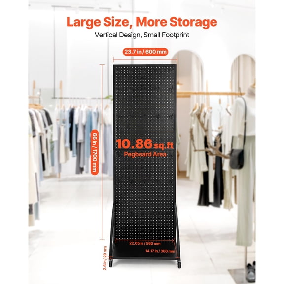 Standing Pegboard Display with Base Plate, 23.7 x 66 in Pegboard Display Stand with Casters and 30 Hooks, Thickened Cold-Rolled Steel Peg Board Panel for Retail Store and Jewelry Shop, Black