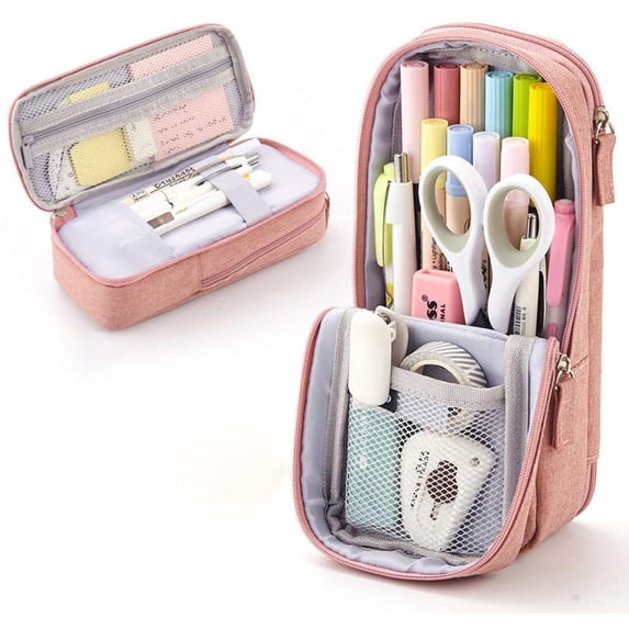 Standing Pencil Case with 2 Compartments, Magnetic Mobile Phone Holder Pen Bag, Large Capacity Storage Pouch, University Stationery Organizer for Adults & Teens(B)