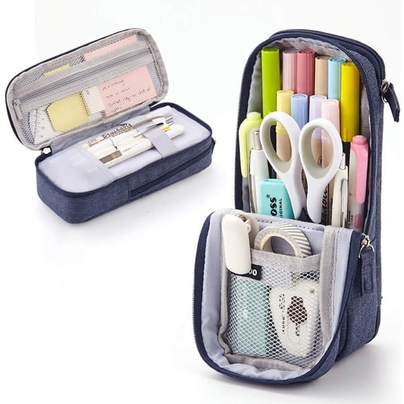 Standing Pencil Case with 2 Compartments, Magnetic Mobile Phone Holder Pen Bag, Large Capacity Storage Pouch, University Stationery Organizer for Adults & Teens(C)