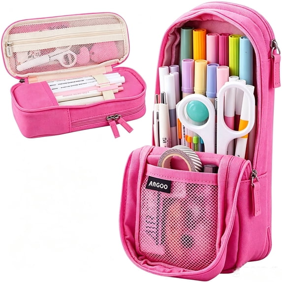 Standing Pencil Case with 2 Compartments, Magnetic Mobile Phone Holder Pen Bag, Large Capacity Storage Pouch, University Stationery Organizer for Adults & Teens(E)