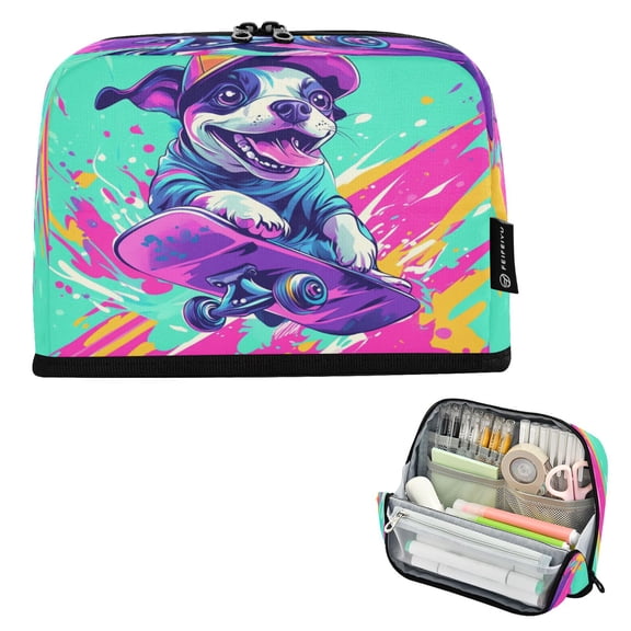 Standing Pencil Case with Base Large Capacity Stationery Pouch Pen Bag with Zipper for Women Men A Happy Dog
