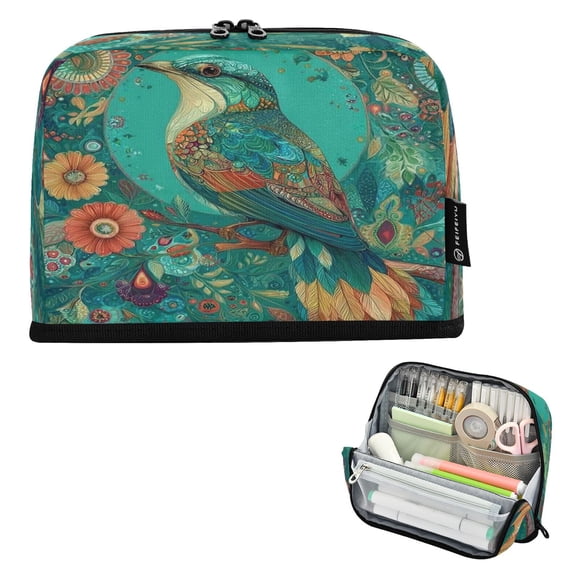 Standing Pencil Case with Base Large Capacity Stationery Pouch Pen Bag with Zipper for Women Men Beautiful Psychedelic Bird