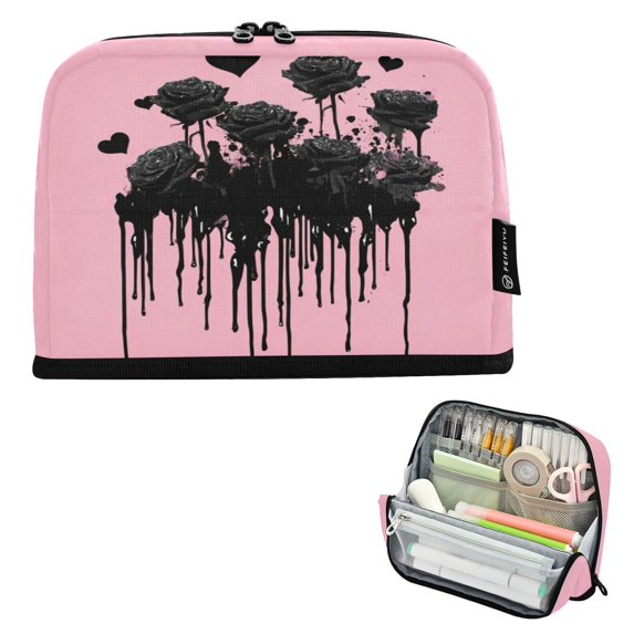 Standing Pencil Case with Base Large Capacity Stationery Pouch Pen Bag with Zipper for Women Men Black Roses