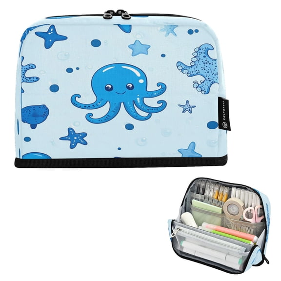 Standing Pencil Case with Base Large Capacity Stationery Pouch Pen Bag with Zipper for Women Men Blue Cute Sea Creatures