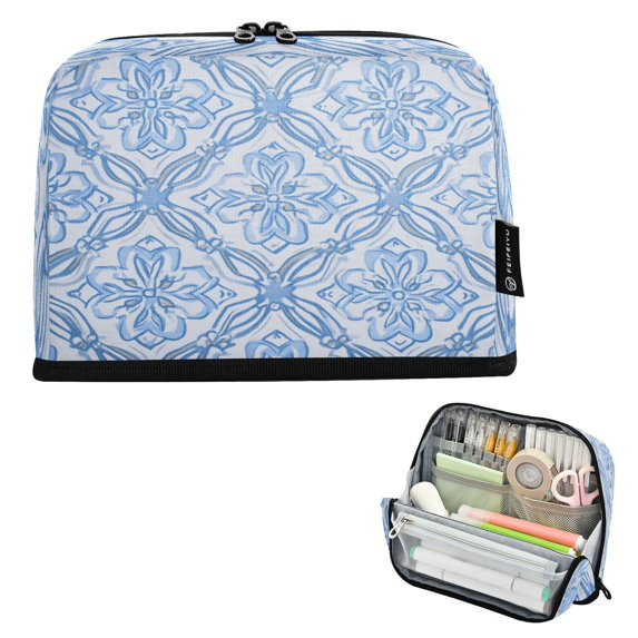 Standing Pencil Case with Base Large Capacity Stationery Pouch Pen Bag with Zipper for Women Men Blue Elegant Geometric Design