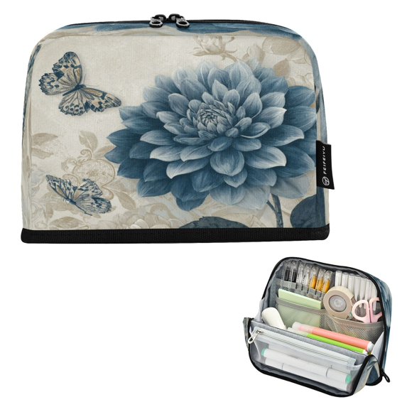Standing Pencil Case with Base Large Capacity Stationery Pouch Pen Bag with Zipper for Women Men Blue Flower with Butterflies