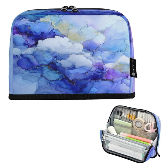 Standing Pencil Case with Base Large Capacity Stationery Pouch Pen Bag with Zipper for Women Men Blue Ink Clouds
