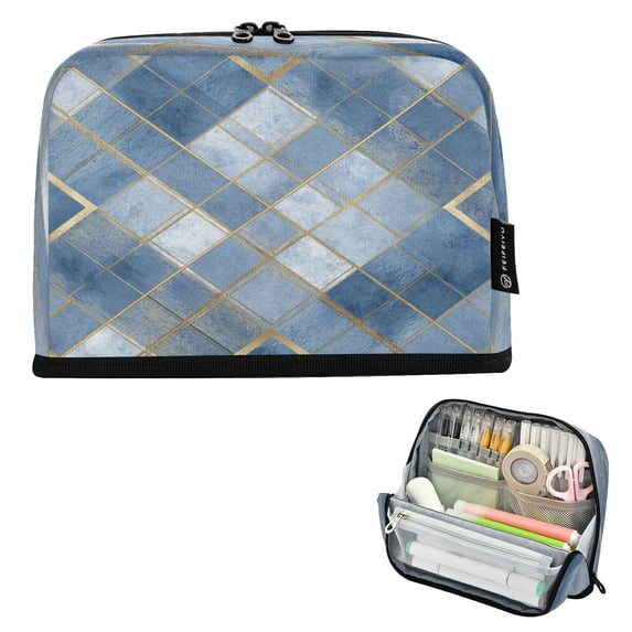 Standing Pencil Case with Base Large Capacity Stationery Pouch Pen Bag with Zipper for Women Men Blue Plaid Pattern
