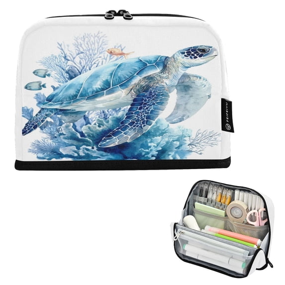 Standing Pencil Case with Base Large Capacity Stationery Pouch Pen Bag with Zipper for Women Men Blue Sea Turtle Pattern