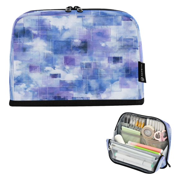 Standing Pencil Case with Base Large Capacity Stationery Pouch Pen Bag with Zipper for Women Men Blue Squares and Shapes