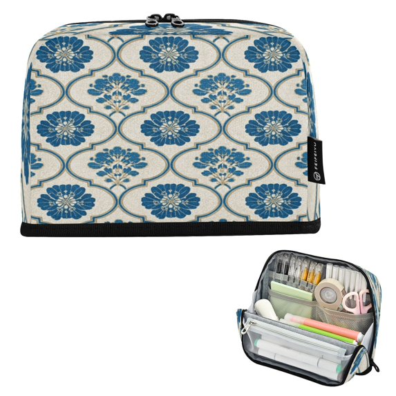 Standing Pencil Case with Base Large Capacity Stationery Pouch Pen Bag with Zipper for Women Men Blue Symmetrical Floral Pattern