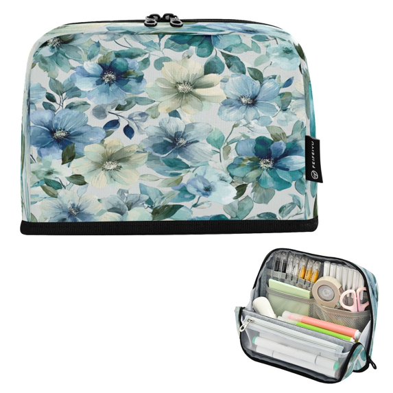 Standing Pencil Case with Base Large Capacity Stationery Pouch Pen Bag with Zipper for Women Men Blue and Green Flowers