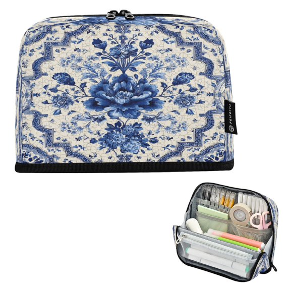 Standing Pencil Case with Base Large Capacity Stationery Pouch Pen Bag with Zipper for Women Men Blue and White Porcelain-style