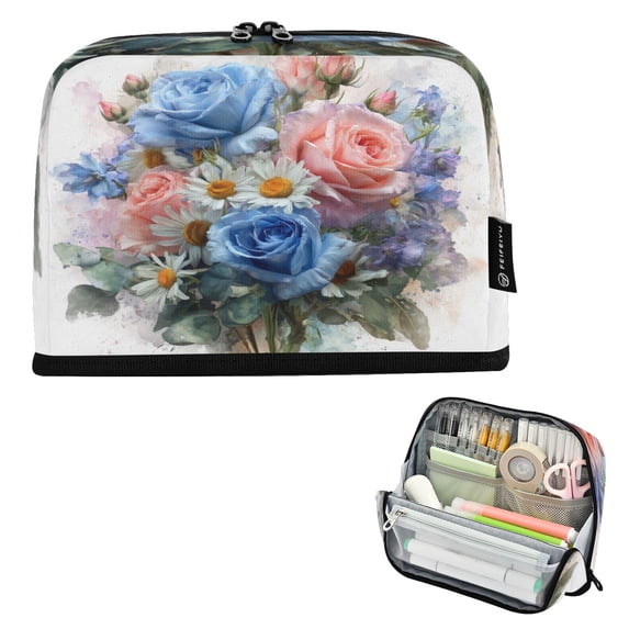 Standing Pencil Case with Base Large Capacity Stationery Pouch Pen Bag with Zipper for Women Men Blue-pink Roses and Daisies
