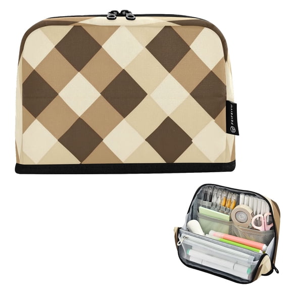 Standing Pencil Case with Base Large Capacity Stationery Pouch Pen Bag with Zipper for Women Men Brown and Beige Check