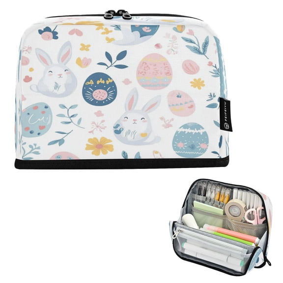 Standing Pencil Case with Base Large Capacity Stationery Pouch Pen Bag with Zipper for Women Men Bunnies and Easter Eggs