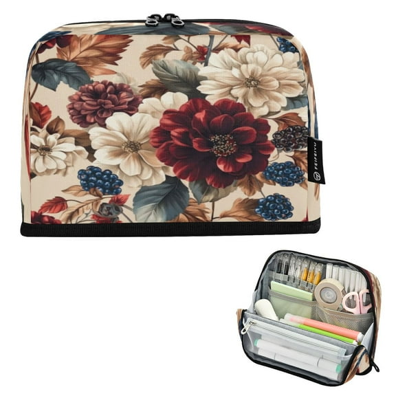 Standing Pencil Case with Base Large Capacity Stationery Pouch Pen Bag with Zipper for Women Men Burgundy Hydrangeas