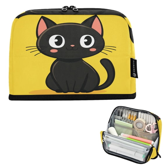 Standing Pencil Case with Base Large Capacity Stationery Pouch Pen Bag with Zipper for Women Men Cartoon Black Cat