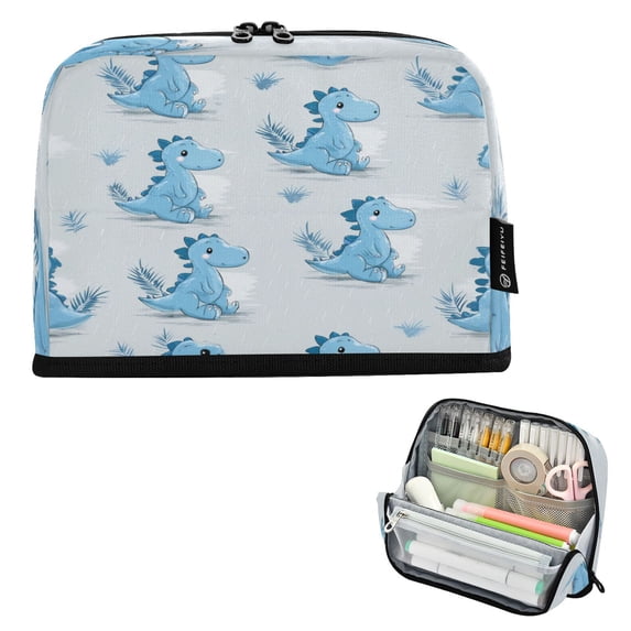 Standing Pencil Case with Base Large Capacity Stationery Pouch Pen Bag with Zipper for Women Men Cartoon Blue Dinosaurs