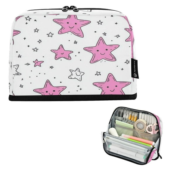 Standing Pencil Case with Base Large Capacity Stationery Pouch Pen Bag with Zipper for Women Men Cartoon Five-pointed Star