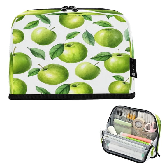 Standing Pencil Case with Base Large Capacity Stationery Pouch Pen Bag with Zipper for Women Men Cartoon Green Apples Pattern