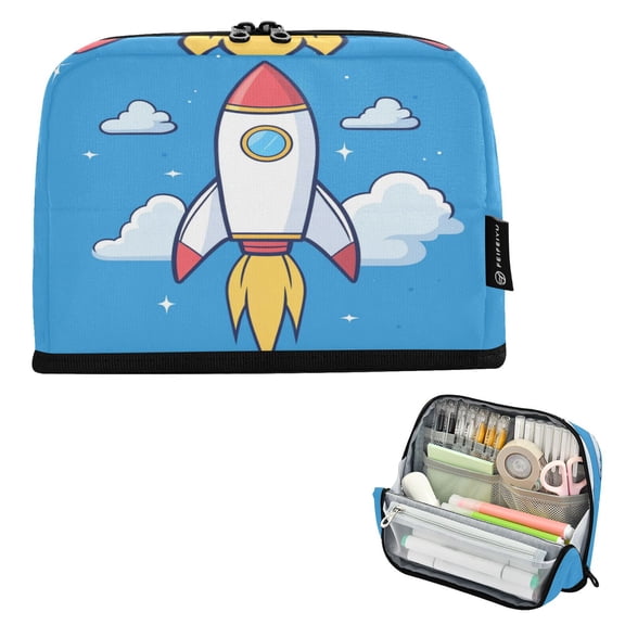 Standing Pencil Case with Base Large Capacity Stationery Pouch Pen Bag with Zipper for Women Men Cartoon Rocket