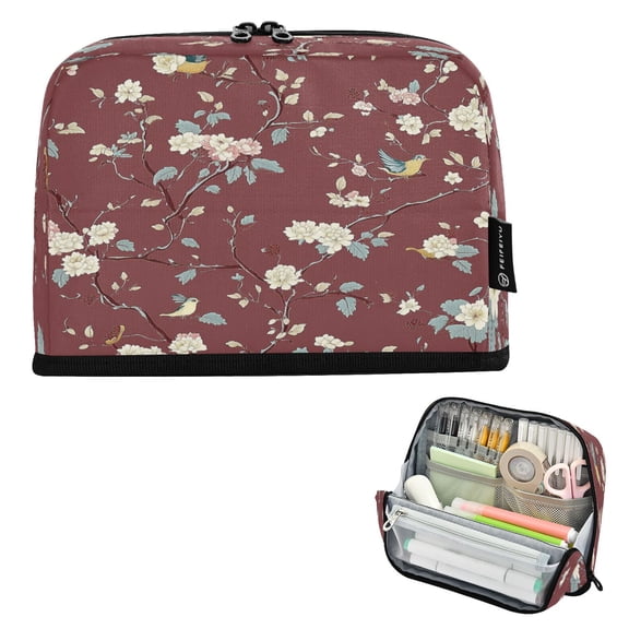 Standing Pencil Case with Base Large Capacity Stationery Pouch Pen Bag with Zipper for Women Men Chinoiserie-inspired Wallpaper Pattern