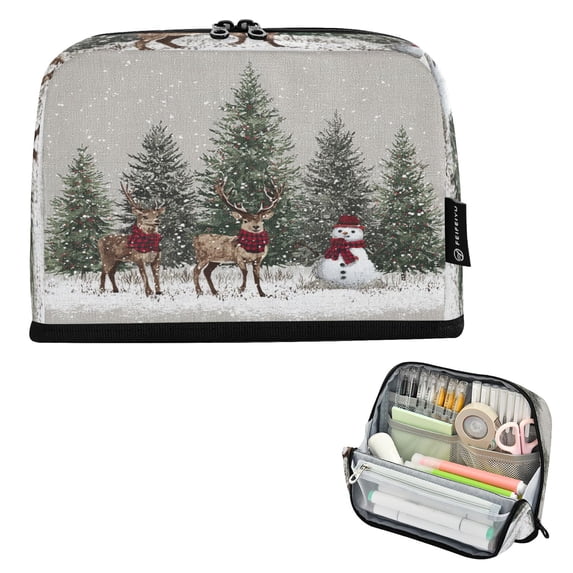 Standing Pencil Case with Base Large Capacity Stationery Pouch Pen Bag with Zipper for Women Men Christmas Deer and Snowmen